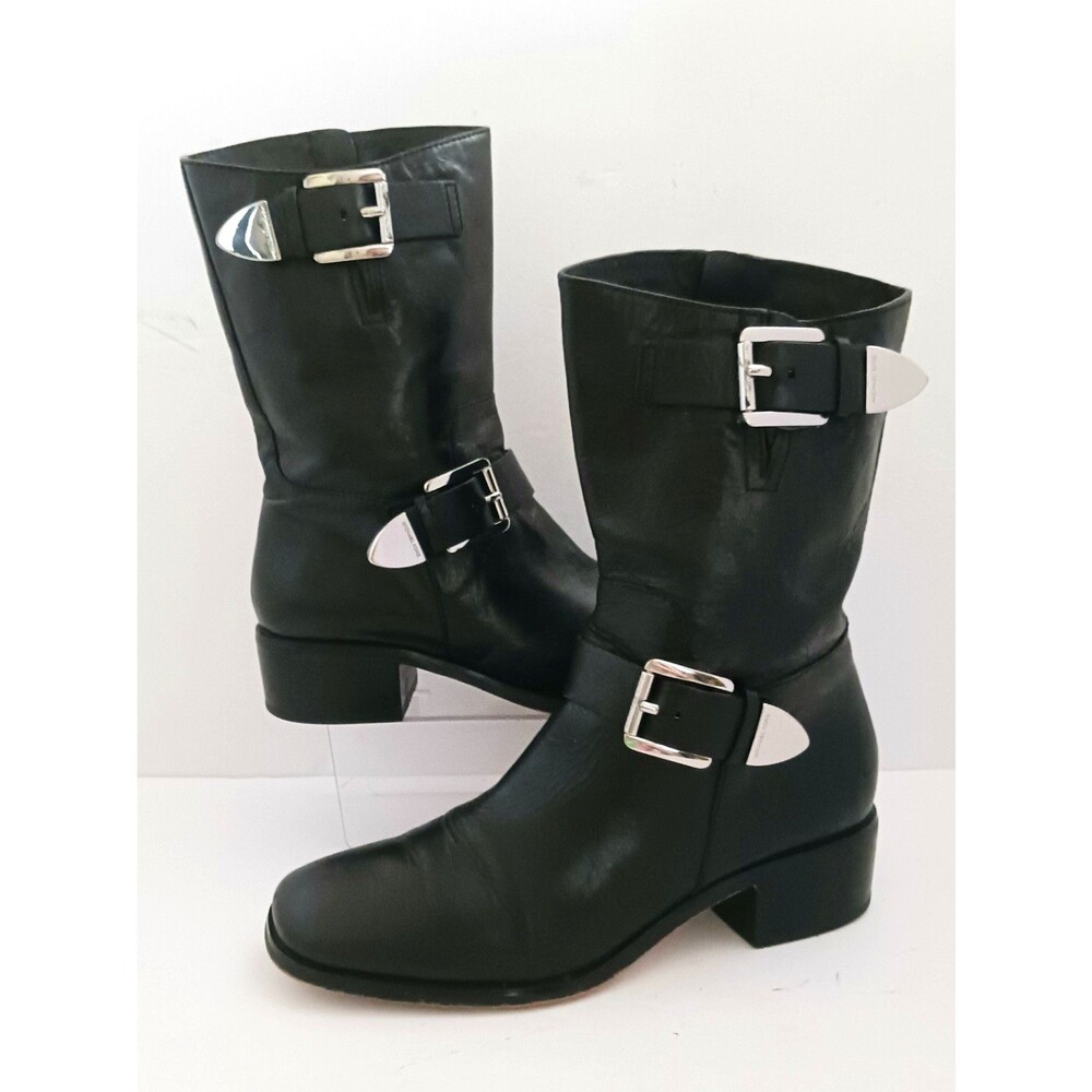 Michael Kors Blk Leather Moto Biker Boots Silver Buckles Mid Calf Block Heel  8M